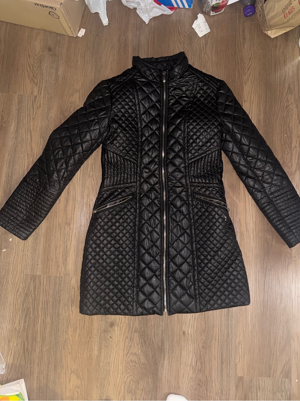 Via Spiga Black Quilted Long Jacket - Women's Lightweight Coat